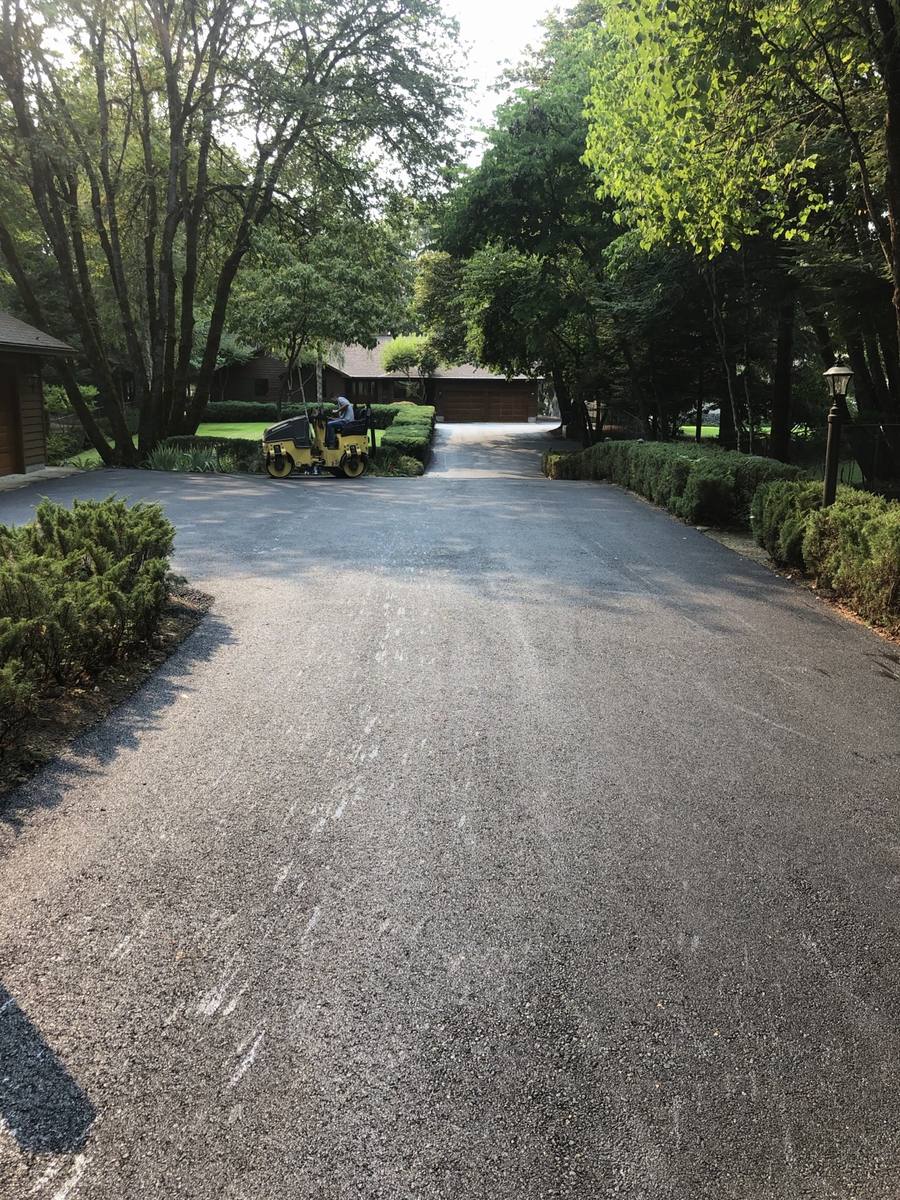 Roller on an asphalt driveway framed by trees and hedges.